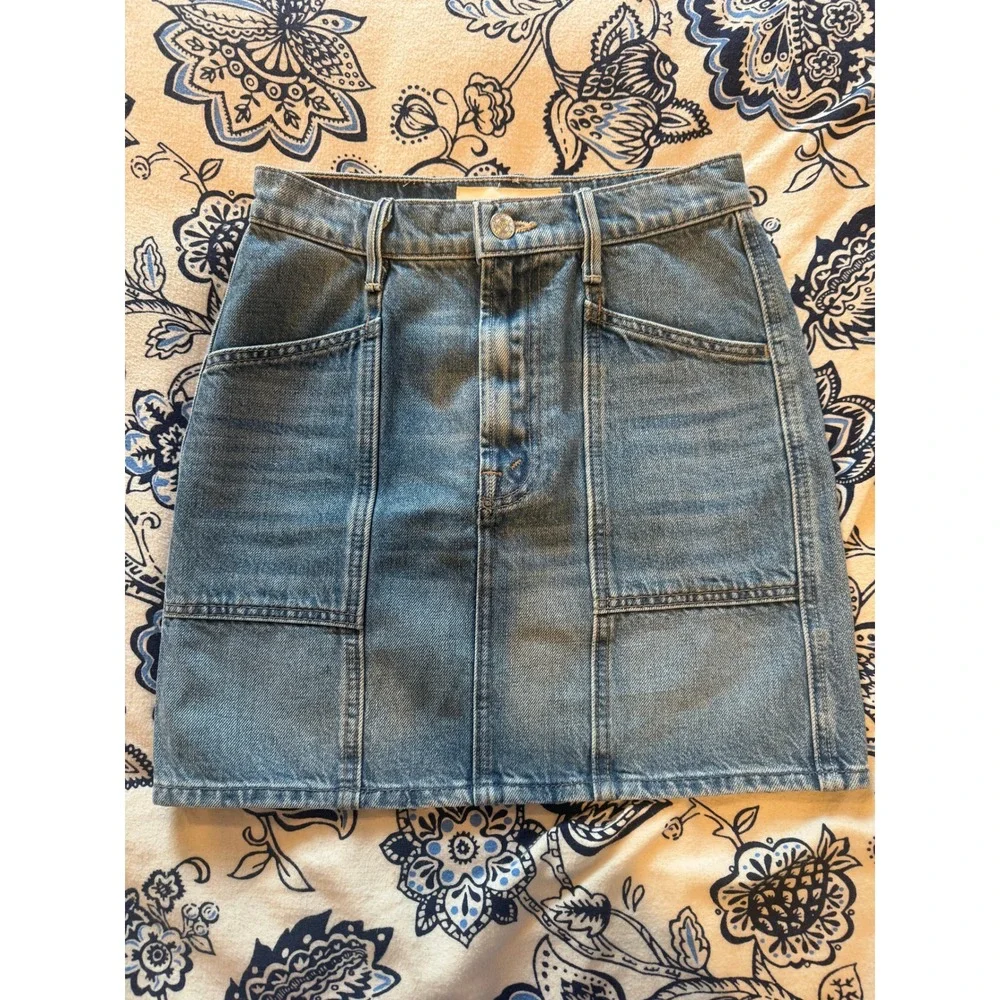 Mother Superior Denim Mini Skirt Blue High Waist Patch Pocket Womens Size 24
